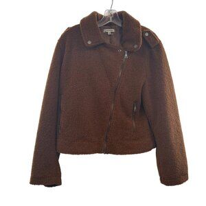 Max Studio Women's Sherpa Moto Jacket Brown Size Large Pockets